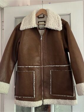 Abercrombie & Fitch Brown Leather Jacket with Cream Sherpa Trim